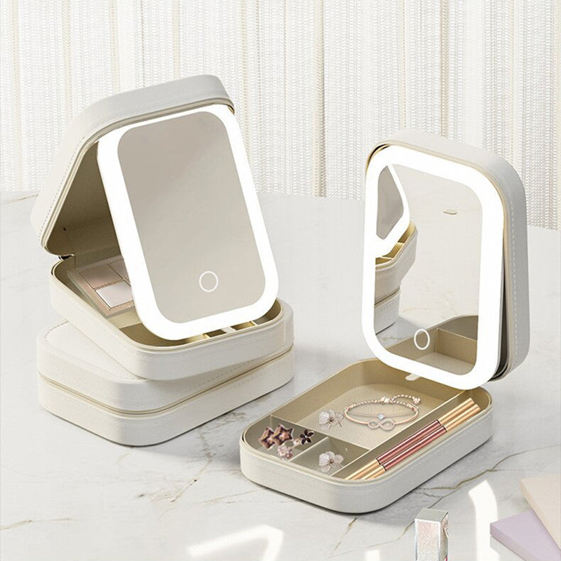 Caja de Maquillaje LED Portátil – Espejo con Luz Táctil y Organizador Ajustable