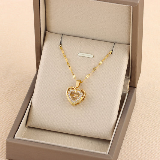 Collar Doble Corazón Titanio – Diamantes Imitación & Ajustable